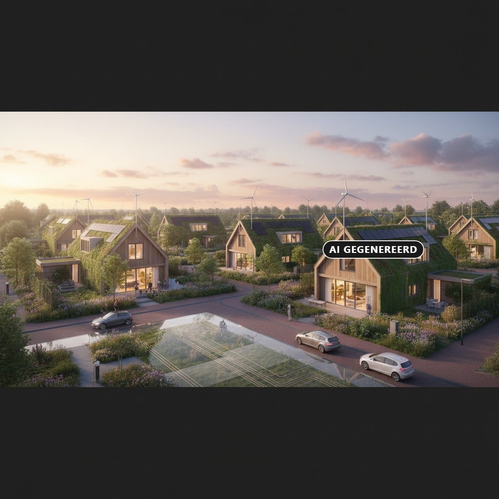 AI gegenereerd: Een duurzame woonwijk met houten huizen, groene daken, zonnepanelen en kleine windturbines in een groene omgeving bij zonsondergang.